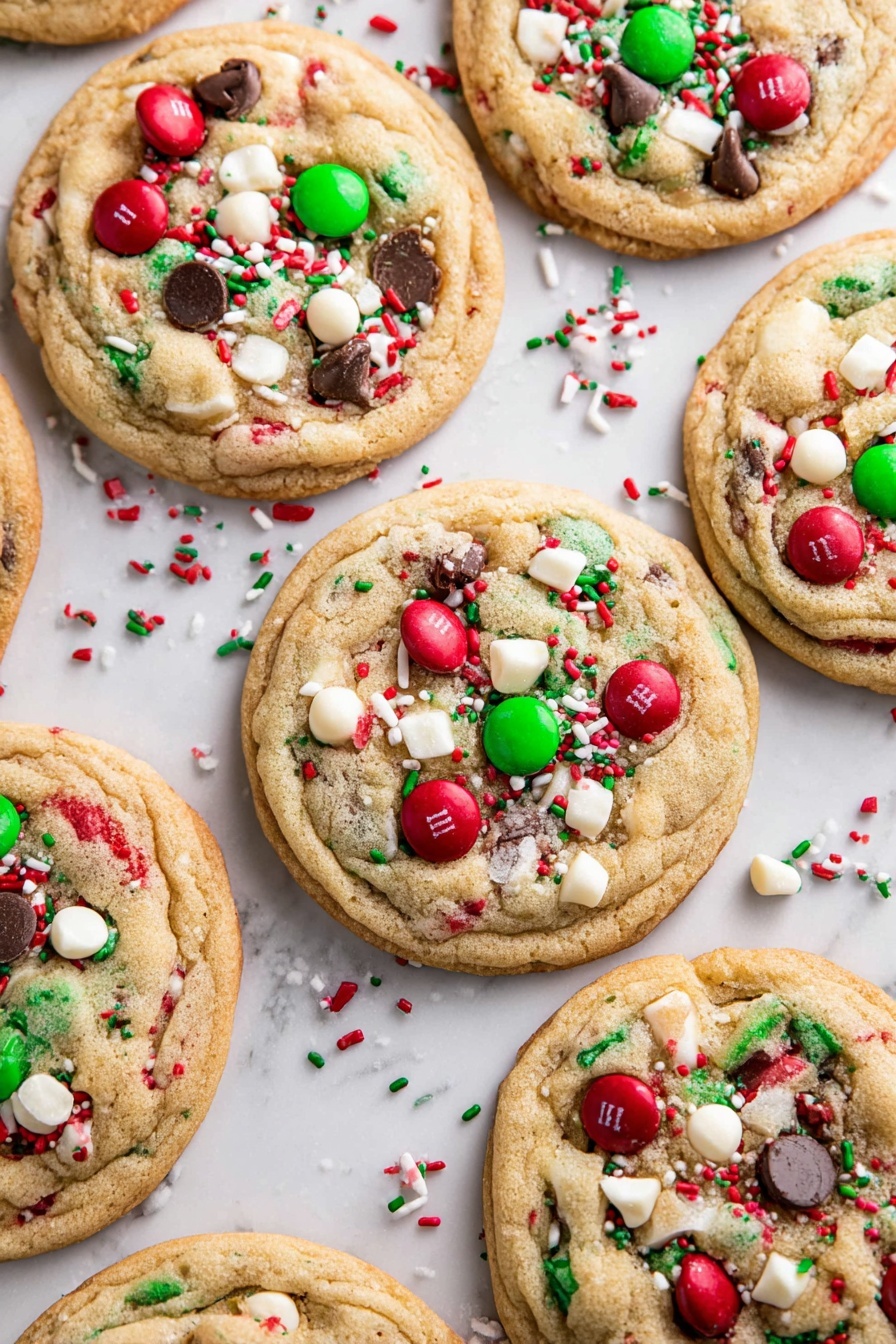 A white plate full of round cookies stacked slightly on top of each other, each cookie light golden brown with a soft texture, decorated with red and green candy-coated chocolate pieces, white and dark chocolate chips, and red, green, and white sprinkles scattered across the surface. Around the plate, more candy pieces and festively colored ornaments are placed on a white marbled surface. In the background, a white bowl with red stripes is filled with red and green candy-coated chocolates. photo taken with an iphone --ar 2:3 --v 7
