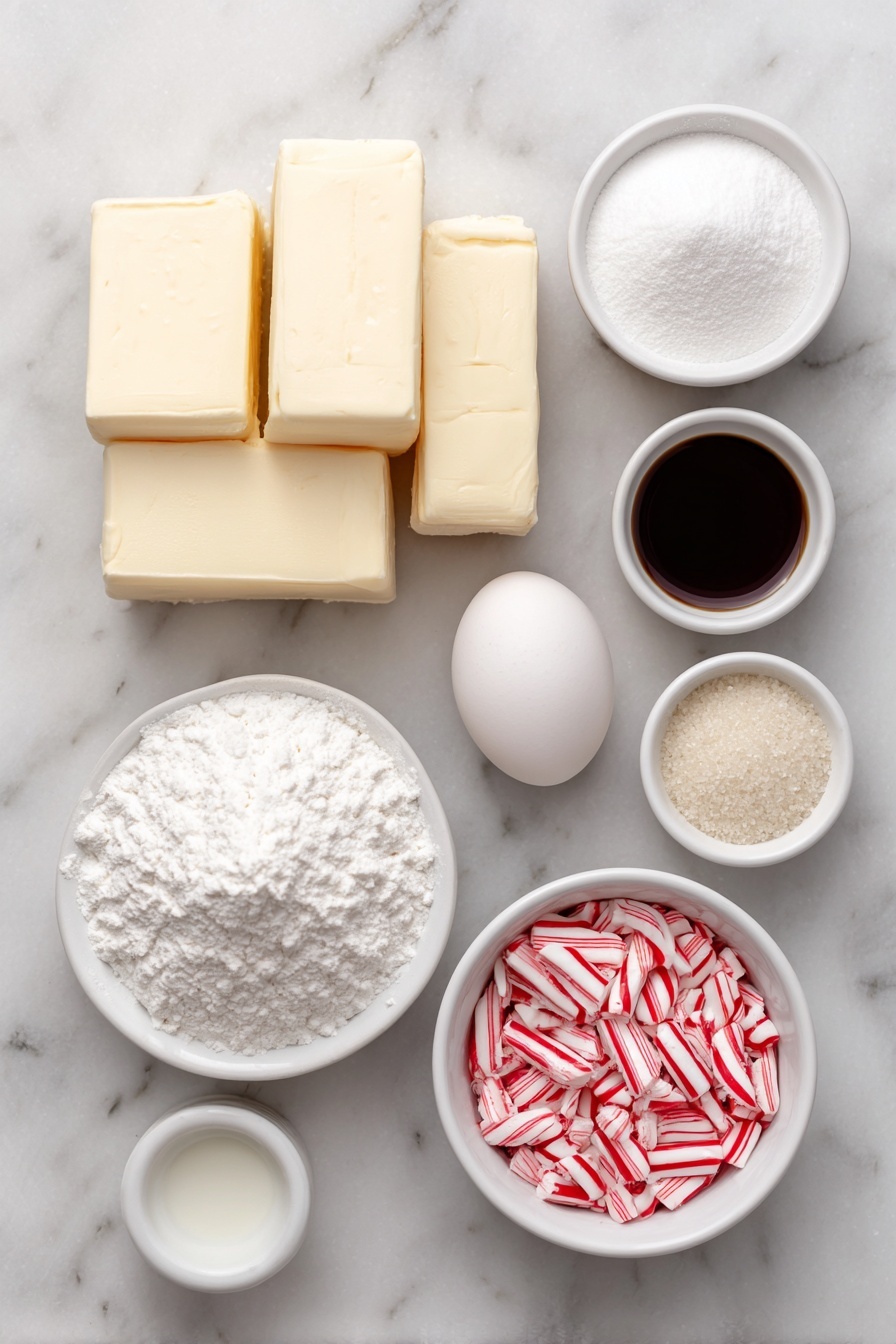 Flat lay of a few large cubes of unsalted butter, a small white ceramic bowl filled with fine white confectioners' sugar, one whole clean egg with an uncracked shell, a small white ceramic bowl containing clear vanilla extract, a small white ceramic bowl holding clear peppermint extract, a simple mound of all-purpose flour, a neat pile of fine white cornstarch, a small heap of light beige baking powder powder, a small pinch of fine salt on the white ceramic surface, a small white ceramic bowl filled with pale milk, and a small white ceramic bowl with crushed red and white candy canes, all arranged symmetrically and balanced, placed on a clean white marble surface, soft natural light, photo taken with an iPhone, professional food photography style, fresh ingredients, white ceramic bowls, no bottles, no duplicates, no utensils, no packaging --ar 2:3 --v 7 --p m7354615311229779997