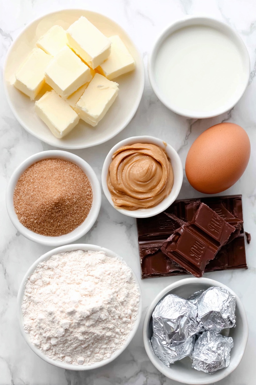 Flat lay of a small pile of unsalted butter cubes, a smooth dollop of creamy peanut butter, a mound of packed light brown sugar, a small heap of granulated sugar crystals, a single large brown egg with a clean shell, a small white ceramic bowl filled with milk, a tiny white bowl containing baking soda powder, a pinch of salt displayed in a tiny white ceramic bowl, a neat pile of all-purpose flour, and several unwrapped Hershey’s Kisses chocolates with shiny silver foils, all arranged symmetrically on a clean white marble surface, soft natural light, photo taken with an iPhone, professional food photography style, fresh ingredients, white ceramic bowls, no bottles, no duplicates, no utensils, no packaging --ar 2:3 --v 7 --p m7354615311229779997