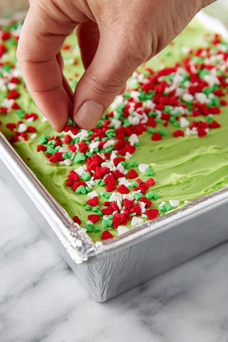 The image shows several small square treats with two clear layers placed on a white plate. The bottom layer is smooth and white, while the top layer is bright green with a slightly rough texture. Each square is decorated with colorful sprinkles including red, green, white, and blue strands, along with small red heart shapes scattered on top. Extra sprinkles also lie around the plate on the white marbled surface. The treats are neatly arranged but some are overlapping in the foreground. Photo taken with an iphone --ar 2:3 --v 7