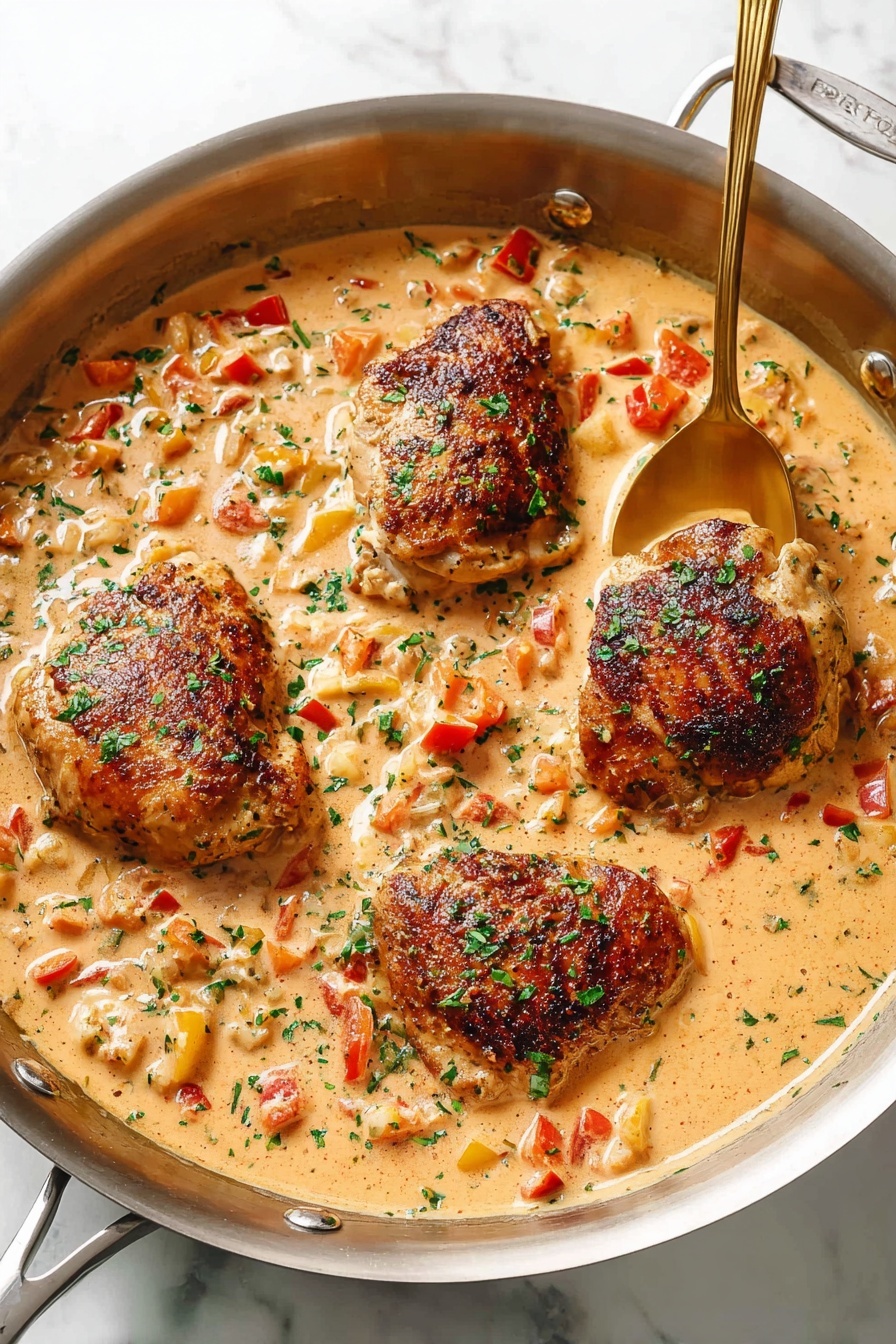 A round stainless steel pan holds four browned chicken pieces with a crispy texture on top. They sit in a thick, creamy light orange sauce mixed with small diced vegetables like red and yellow bell peppers and bits of herbs that add green specks on the sauce and chicken. A gold spoon rests inside the pan on the right side. The pan sits on a white marbled surface. photo taken with an iphone --ar 2:3 --v 7