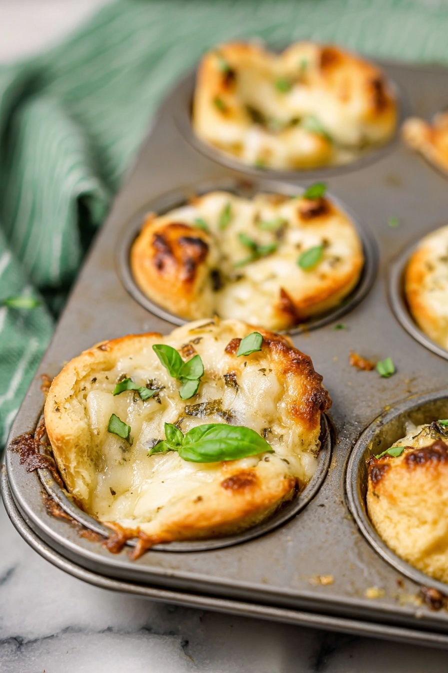 The image shows a close-up of a metal muffin tray holding small savory rolls. Each roll has a golden-brown crust with melted cheese on top, which looks creamy and slightly browned in some areas. The rolls are sprinkled with fresh green basil pieces, adding a pop of color. The rolls sit inside the small circular cups of the tray, with some melted cheese crispy around the edges. The scene is set on a white marbled surface, and a green and white cloth is blurred in the background. The overall look is warm, rustic, and inviting. photo taken with an iphone --ar 2:3 --v 7