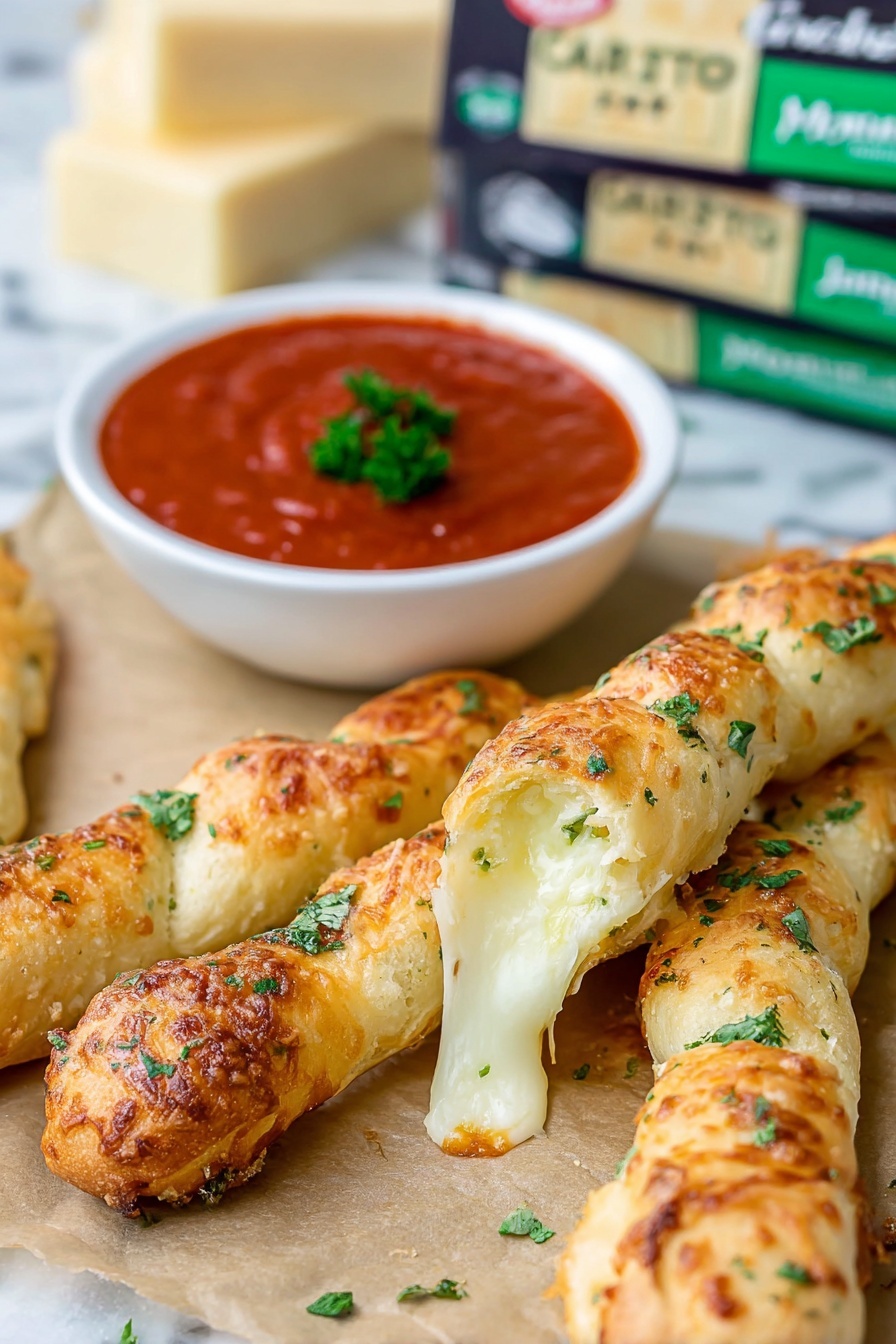 The image shows several golden-brown breadsticks with a slightly crispy texture, topped with small green parsley flakes. One breadstick is broken open, revealing a creamy, melted white cheese inside. The breadsticks rest on a piece of parchment paper, with a white bowl of rich, red marinara sauce garnished with a few green herbs nearby. In the background, there are stacked blocks of Monterey Jack cheese with green and beige packaging. The whole scene is set on a white marbled surface. Photo taken with an iphone --ar 2:3 --v 7
