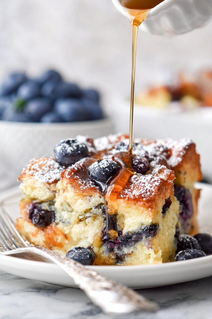 A white plate holds a thick slice of bread pudding layered with plump blueberries inside. The top layer is golden brown with a crispy texture, dusted lightly with white powdered sugar. Syrup is being poured from above, glistening as it flows over the uneven surface and blueberries. On the side of the plate, a shiny silver fork rests next to the serving. The background is a soft-focus white marbled texture with a bowl of fresh blueberries slightly blurred behind. photo taken with an iphone --ar 2:3 --v 7