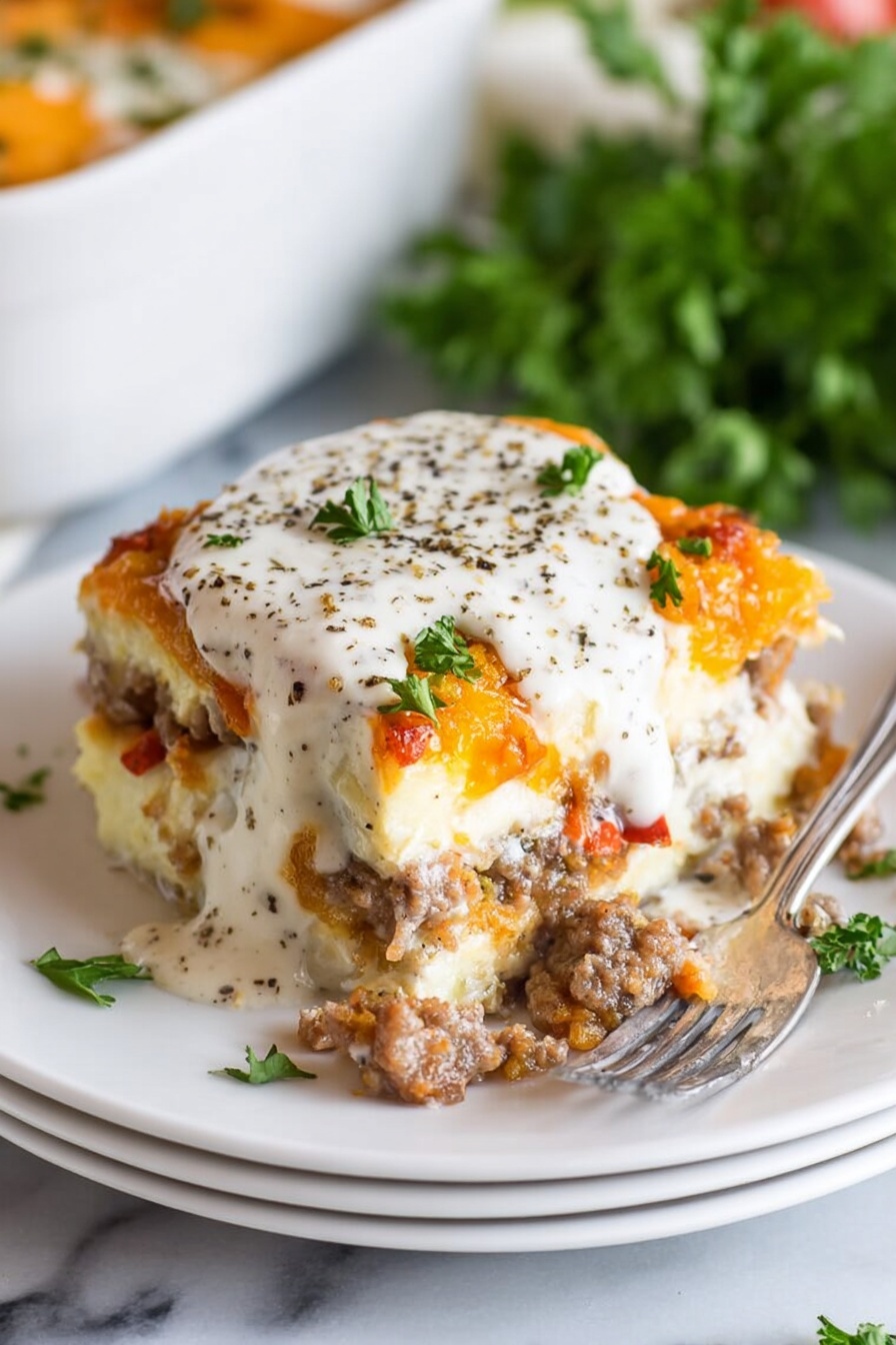 A white plate holds a thick, layered casserole piece with visible layers of melted orange and white cheese mixed with browned sausage. On top, a creamy white sauce is spread, sprinkled with black pepper and small green parsley leaves. The textures show a mix of soft melted cheese and crumbly sausage bits with some small red pepper pieces inside the bake. A silver fork rests beside the dish on the white plate, which is stacked on top of another identical plate. The background has green fresh parsley and a white marbled surface. Photo taken with an iphone --ar 2:3 --v 7
