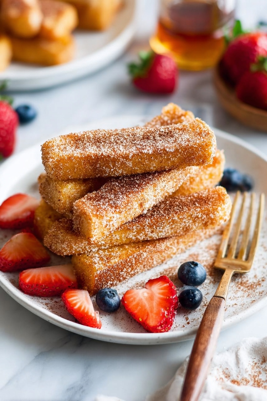 The image shows a stack of thick, golden-brown sticks of cinnamon sugar toast on a white plate. The toast sticks are arranged in three layers, sprinkled with a light dusting of cinnamon sugar that adds texture and a warm color contrast. Around the plate, there are fresh sliced strawberries and whole blueberries adding bright reds and deep blues to the scene. A fork with a wooden handle rests on the right side of the plate. The background is a white marbled surface with some blurred fresh fruits and a bottle of syrup visible in soft focus. Photo taken with an iphone --ar 2:3 --v 7