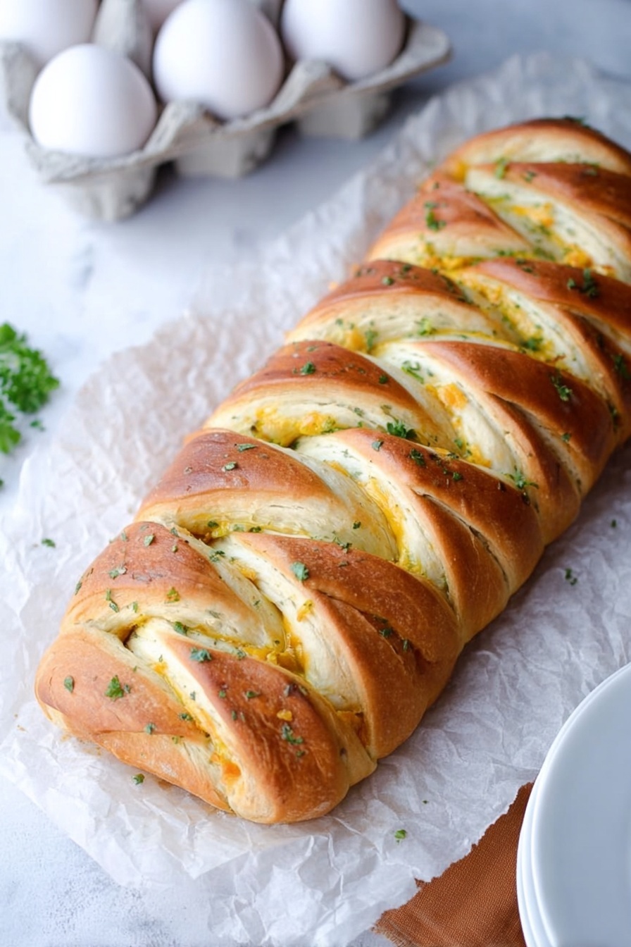 The image shows a long braided bread loaf placed on crinkled white parchment paper on a white marbled surface. The bread has a golden-brown crust with thin braided strips wrapped diagonally over a creamy yellow filling that peeks through the gaps. The top is sprinkled with small green herbs, adding a fresh color contrast. To the side, there is a white egg carton holding several white eggs, partially visible. In the lower part of the image, a stack of white plates adds a clean touch. Photo taken with an iphone --ar 2:3 --v 7
