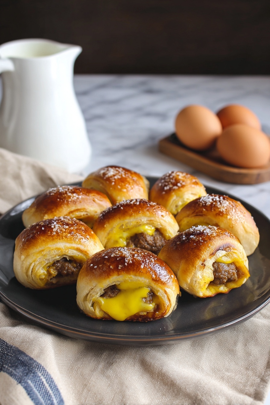 A dark plate holds six golden-brown sausage rolls with shiny, slightly crispy tops sprinkled with coarse salt. Each roll is wrapped in light, flaky dough that partially reveals a cooked yellow egg layer and a browned sausage inside, creating a clear mix of textures and colors. Behind the plate, there is a white pitcher with milk and three brown eggs on a white marbled surface covered partly by a beige cloth and a striped white and blue cloth. The setting has a cozy, warm feel. photo taken with an iphone --ar 2:3 --v 7