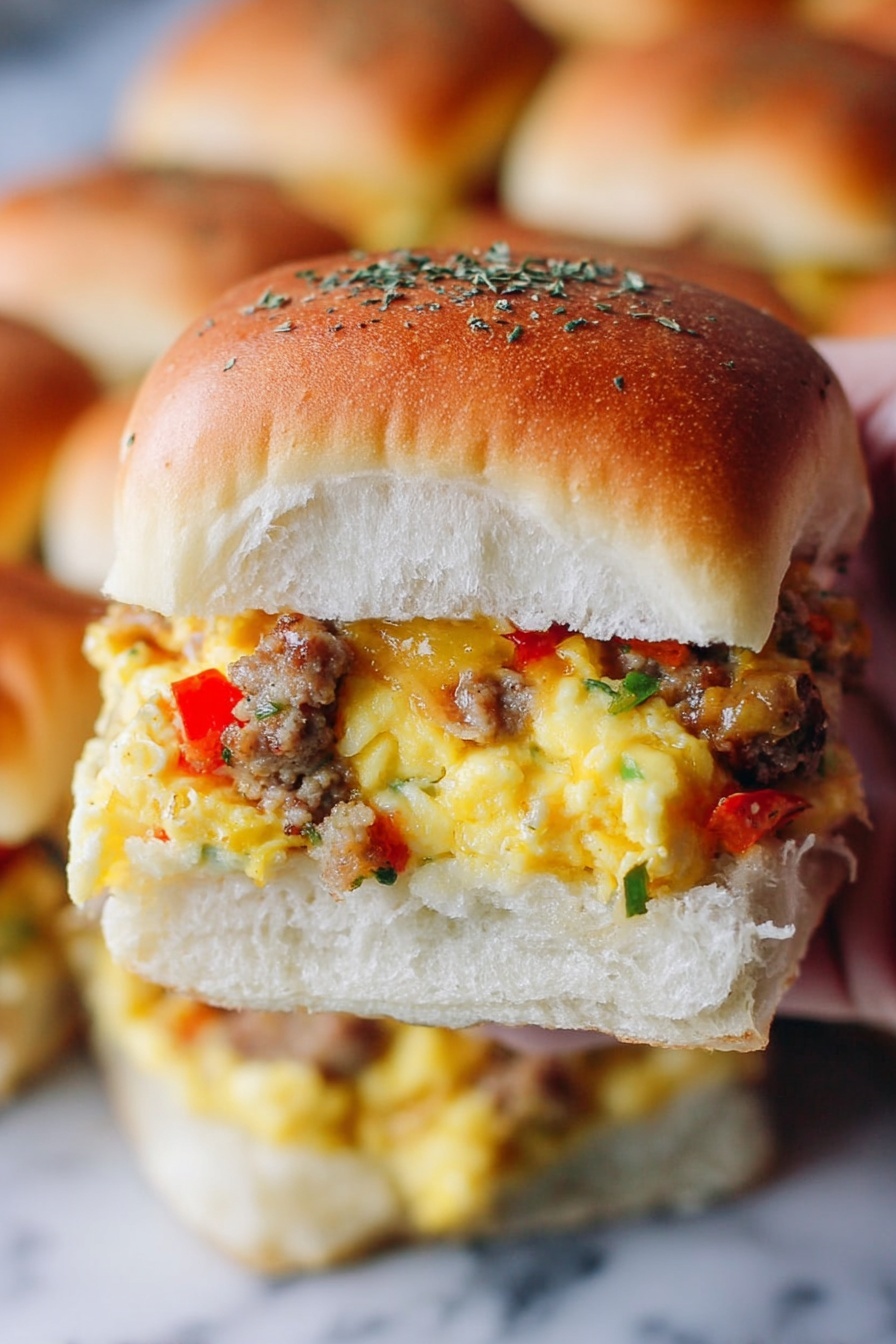 The image shows a close-up of a sandwich with a soft, light brown top bun sprinkled with herbs. Inside, there are three visible layers: the bottom layer is a soft, white bread base, above it sits a layer of cooked scrambled yellow eggs mixed with small pieces of browned sausage, and on top of the eggs are small bits of red bell pepper and herbs scattered throughout. The sandwich is held by a woman's hand over a stack of similar sandwiches, all placed on a white marbled surface. The textures of the bun appear slightly fluffy with a golden crust, while the egg layer looks moist and cooked through, with the sausage bits adding a crumbly look. Photo taken with an iphone --ar 2:3 --v 7