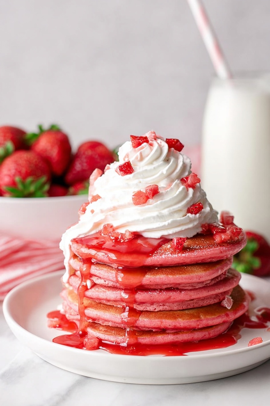 A tall stack of five pink pancakes sits on a white plate on a white marbled surface. The pancakes are soft and thick, with a smooth texture and even edges. Red strawberry syrup and small chopped strawberry pieces pour and scatter over the top pancake and drip down the sides to the plate. A large swirl of white whipped cream is placed on the top, with small pieces of strawberries embedded in the cream. In the background, there is a white bowl filled with whole strawberries and a white glass of milk with a white straw. photo taken with an iphone --ar 2:3 --v 7
