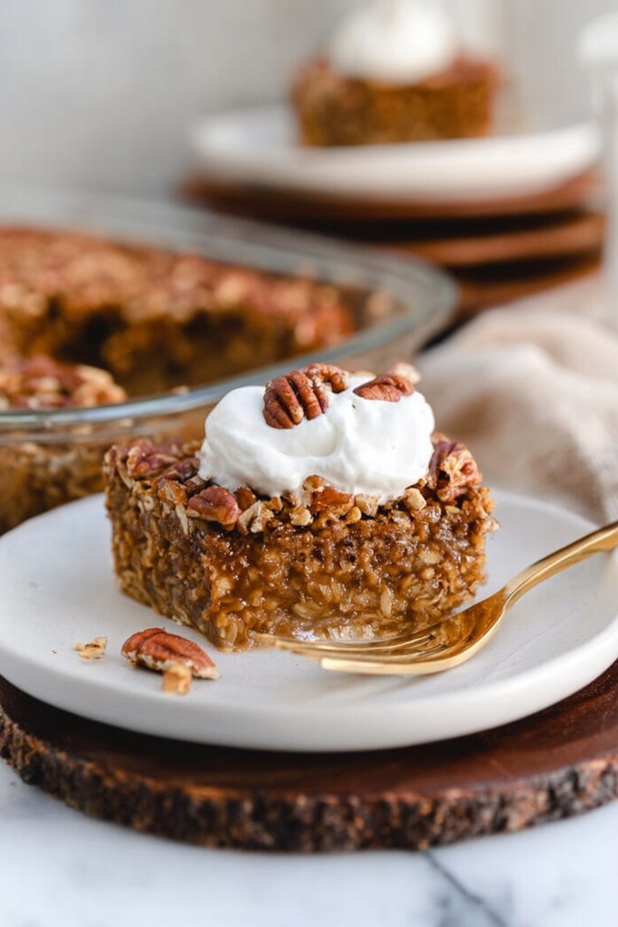 A close-up image of a single slice of a baked oatmeal pie on a white plate, showing a thick texture with visible oats and pecans inside the golden brown crust. The slice is topped with a dollop of white whipped cream sprinkled with pecan pieces. A gold fork lies next to the slice on the plate. In the background, there is a clear glass dish with more oatmeal pie and another slice on a white plate stacked on dark wooden rounds, all set on a white marbled surface. Photo taken with an iphone --ar 2:3 --v 7