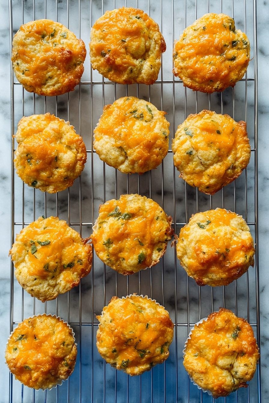 The image shows twelve round savory muffins placed on a silver metal cooling rack. Each muffin has a rough surface, with a golden brown top layer covered in melted sharp orange cheddar cheese. Small bits of green herbs and lighter dough are visible under the cheese, adding texture and color. The muffins appear fluffy and slightly uneven in form, baked in silver cupcake liners. The background is a white marbled texture beneath the cooling rack, and the shot is taken from above, showing all muffins in a neat arrangement. photo taken with an iphone --ar 2:3 --v 7