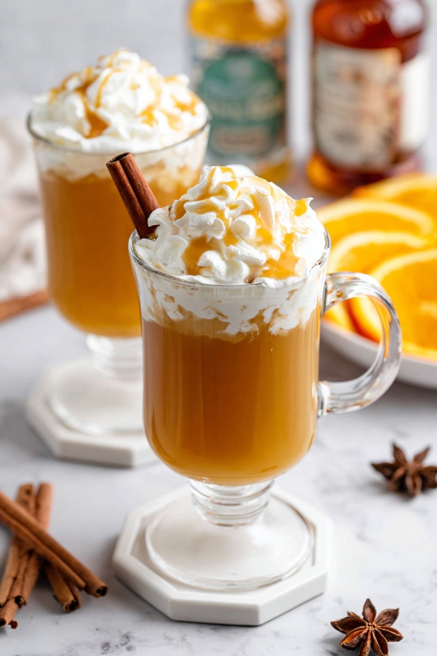 Two clear glass mugs filled with warm golden brown drink, each topped with a thick, fluffy layer of white whipped cream drizzled with light caramel sauce. A dark brown cinnamon stick sticks out from the whipped cream in the front mug. The front mug sits on a white hexagonal coaster on a white marbled surface. In the background, the second mug is turned slightly, showing more whipped cream and caramel. Behind it, there is a white plate with bright orange slices and two bottles with blurred labels. Cinnamon sticks and star anise are scattered on the surface around the mugs. Photo taken with an iphone --ar 2:3 --v 7
