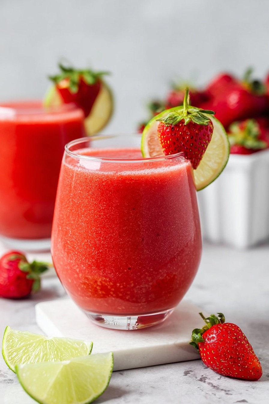 A clear glass filled with a thick red strawberry drink, with a smooth texture and tiny bubbles on the surface, standing on a white marble coaster. A fresh red strawberry with green leaves and a slice of yellow-green lime are placed on the rim of the glass. In the background is a second glass with the same drink and fruit garnish. Around the glasses, there are whole strawberries and lime wedges scattered on a white marbled surface. Behind the glasses, there is a white container filled with bright red strawberries. photo taken with an iphone --ar 2:3 --v 7
