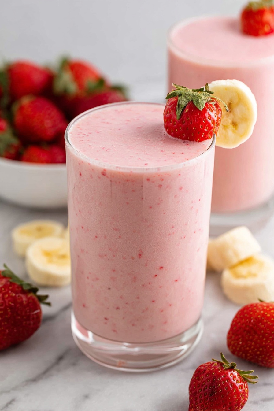 The image shows a tall clear glass filled with a thick pink smoothie that has small bits of strawberry throughout. The smoothie is topped slightly above the rim with a smooth surface. On the rim, there is a fresh red strawberry with green leaves and a slice of banana. In the background, there is a white bowl filled with bright red strawberries with green leaves, and banana slices are scattered on a white marbled surface around the glass. Another glass with the same pink smoothie is partially visible behind the main glass. photo taken with an iphone --ar 2:3 --v 7