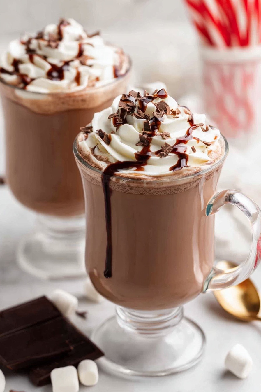 Two clear glass mugs filled with smooth, light brown hot chocolate sit on a white marbled surface. Each mug has a thick swirl of white whipped cream on top, drizzled with dark brown chocolate syrup and sprinkled with small chocolate shavings. Around the mugs, there are white mini marshmallows and dark chocolate squares, with a shiny golden spoon nearby. The background features a blurred white container with red-striped peppermint sticks. photo taken with an iphone --ar 2:3 --v 7