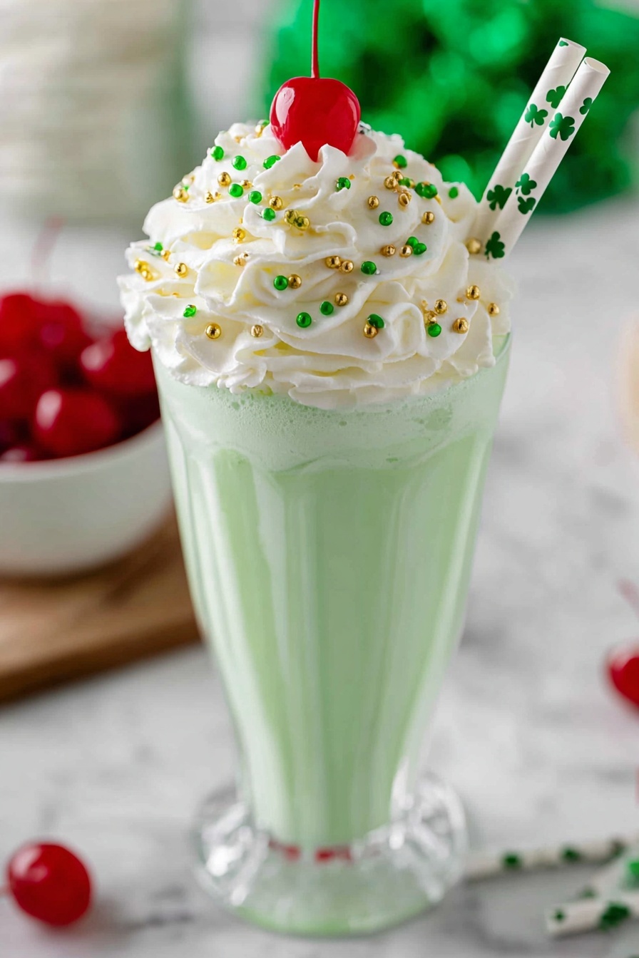 A tall clear glass is filled with three layers of pale green milkshake that looks creamy and smooth, with small green swirls inside. On top, there is one thick layer of white whipped cream, swirled high with soft peaks, sprinkled with tiny green and gold round sprinkles. A bright red cherry sits at the peak of the whipped cream. Two white paper straws with small green shamrocks are placed in the whipped cream on the right side. The glass is on a white marbled surface with a blurred green shamrock decoration in the background, and a small white bowl of bright red cherries is partially visible to the left. photo taken with an iphone --ar 2:3 --v 7