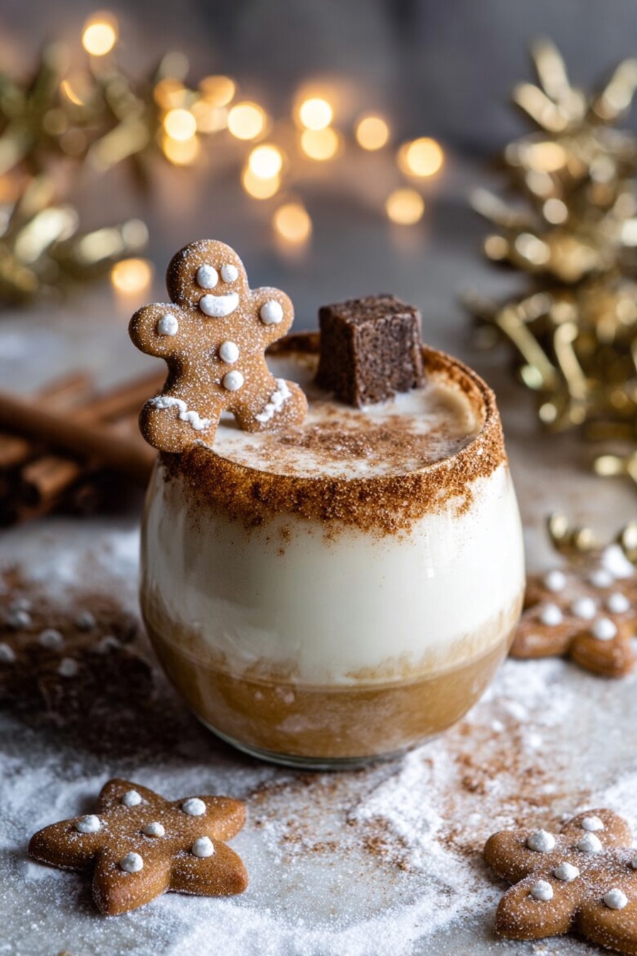A clear round glass holds a layered drink with a light brown base, topped by a thick creamy white layer, sprinkled with cinnamon powder on top. The glass rim is coated with a light brown sugary mix. A small brown gingerbread cookie in the shape of a person, decorated with white icing dots, rests on the rim. Inside the drink, there is a small cinnamon stick and a dark brown cube, resembling a spice. This is set on a white marbled surface dusted with powdered sugar, decorated with golden star ornaments and scattered gingerbread cookies. Warm blurred lights glow softly in the background, creating a cozy atmosphere. Photo taken with an iphone --ar 2:3 --v 7