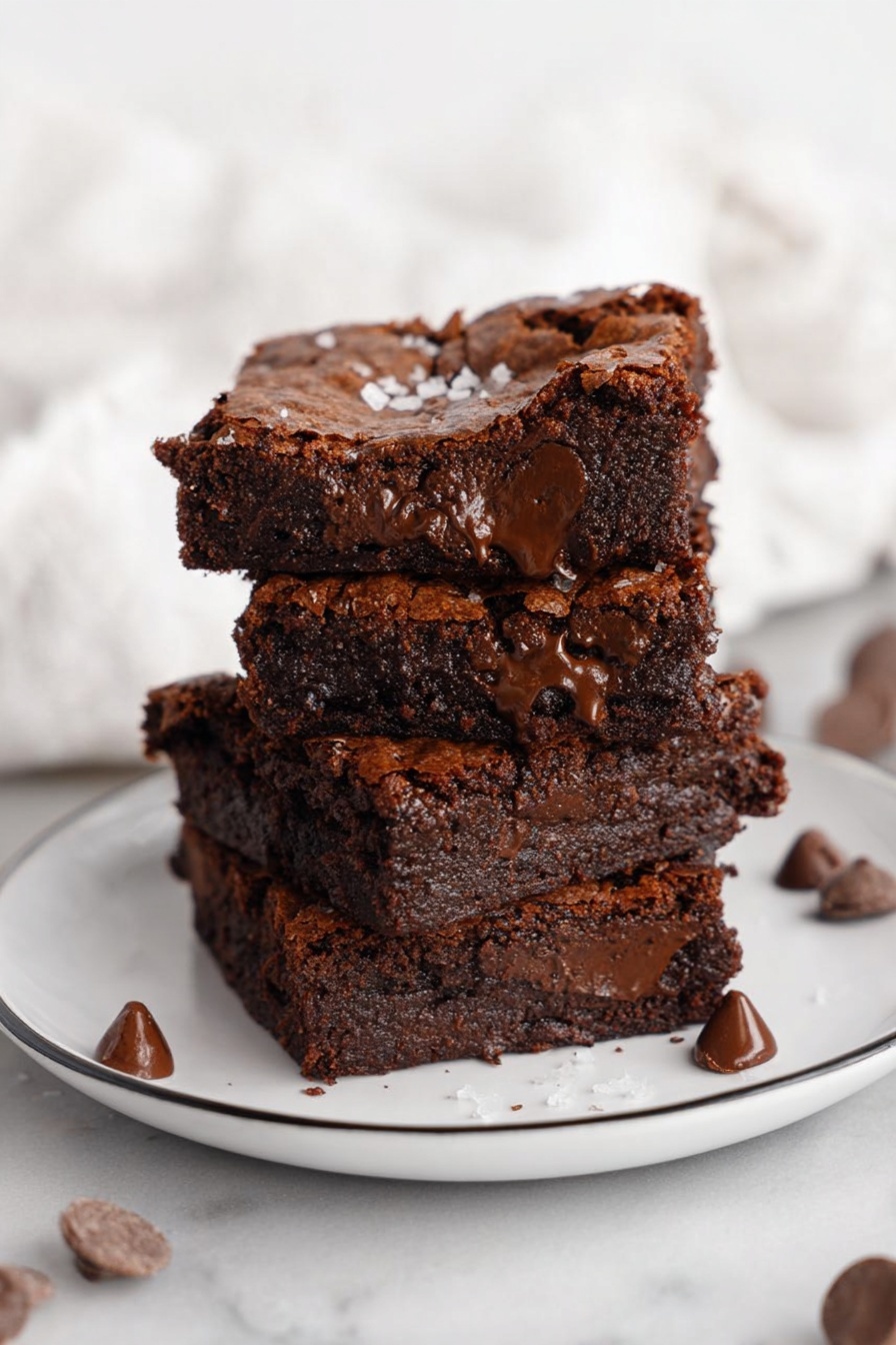 A stack of four thick, dark brown brownies sits on a white plate with a thin black rim, each brownie showing a moist, dense texture with melted chocolate chips embedded inside. The edges are slightly crisp and cracked, while the center looks soft and gooey, with pools of melted chocolate visible. Small flakes of sea salt are sprinkled on top of the brownies, and several whole chocolate chips surround the plate on a white marbled surface. The background features soft, white fabric that adds a light contrast to the rich, dark brownies. Photo taken with an iphone --ar 2:3 --v 7