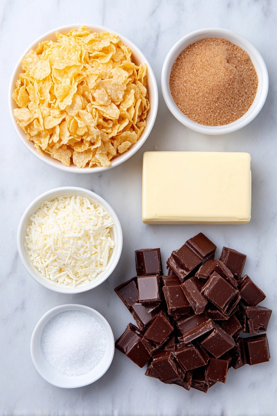 Flat lay of a small pile of golden cornflake cereal, a stick of pale unsalted butter, a small white ceramic bowl filled with packed light brown sugar, a tiny white bowl holding clear vanilla extract, a small white bowl with fine white salt, and a neat mound of dark semisweet chocolate chunks, all arranged in perfect symmetry on a clean white marble surface, soft natural light, photo taken with an iPhone, professional food photography style, fresh ingredients, white ceramic bowls, no bottles, no duplicates, no utensils, no packaging --ar 2:3 --v 7 --p m7354615311229779997