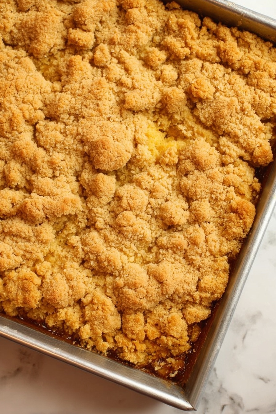 Three square pieces of crumb cake sit on a white plate with a gold rim, placed on a red cloth with white and green plaid patterns. Each piece has two layers: a thick yellow cake base and a crumbly, light brown topping layer with a drizzle of white icing. Small red and green star-shaped sprinkles and tiny silver balls decorate the icing on the crumbly topping. In the background, there is a blurred white cup, and a white marble surface is visible beneath the cloth. Photo taken with an iphone --ar 2:3 --v 7
