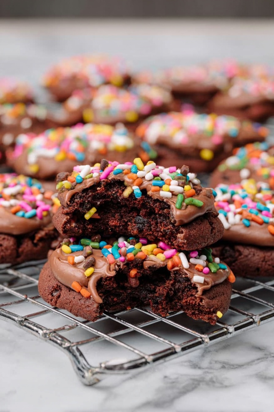 A pile of chocolate cookies is placed on a metal cooling rack over a white marbled surface. Each cookie has a thick layer of smooth chocolate frosting on top, covered with colorful sprinkles in pink, white, green, blue, orange, and yellow. The cookies look soft and dense, with one cookie stacked on another to show its moist, rich interior. The bright sprinkles add a fun contrast to the dark brown cookies. photo taken with an iphone --ar 2:3 --v 7