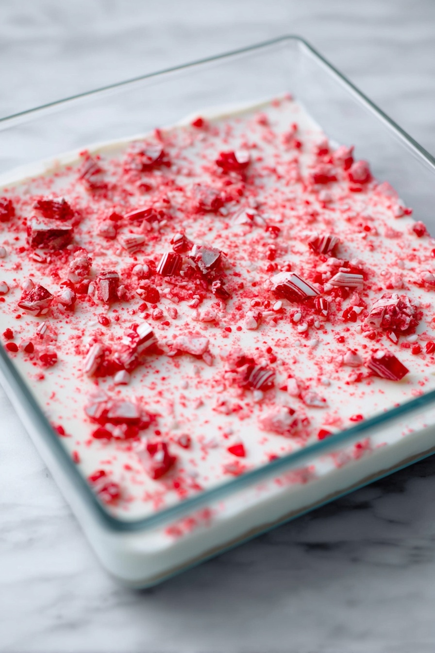 A glass square dish shows two visible layers of dessert. The bottom layer is white and smooth, while the top layer is a creamy white with small red candy pieces crushed and scattered evenly across the surface. Some candy bits are larger chunks, adding texture against the creamy top. The dish is placed on a white marbled surface. Photo taken with an iphone --ar 2:3 --v 7