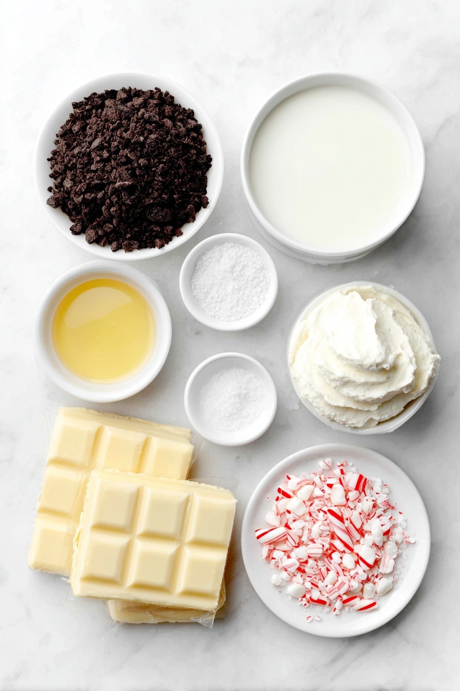 Flat lay of crushed dark chocolate Oreo crumbs, a small mound of golden melted butter in a white ceramic bowl, a pinch of coarse sea salt crystals, a block of smooth cream cheese, a small pile of fine white powdered sugar, a small white bowl with fresh milk, a fluffy white whipped topping dollop on a white dish, a scattering of bright red and white crushed candy cane pieces, two unopened packets of fine white chocolate pudding mix, and a larger white bowl filled with cold milk, all arranged in perfect symmetry on a clean white marble surface, soft natural light, photo taken with an iPhone, professional food photography style, fresh ingredients, white ceramic bowls, no bottles, no duplicates, no utensils, no packaging --ar 2:3 --v 7 --p m7354615311229779997