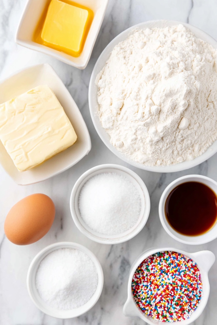 Flat lay of a small mound of all-purpose flour on a simple white ceramic plate, a small white bowl of fine baking powder, a tiny white bowl of salt crystals, a square of unsalted butter softened and slightly shiny, a block of full-fat cream cheese with a smooth surface, granulated sugar heaped in a small white bowl, one large whole egg with a clean shell, a small white bowl filled with clear vanilla extract liquid, a small white bowl holding almond extract liquid, and a small white bowl overflowing with colorful sanding sugar sprinkles, nonpareils, and jimmies, all arranged in perfect symmetry on a clean white marble surface, soft natural light, photo taken with an iPhone, professional food photography style, fresh ingredients, white ceramic bowls, no bottles, no duplicates, no utensils, no packaging --ar 2:3 --v 7 --p m7354615311229779997