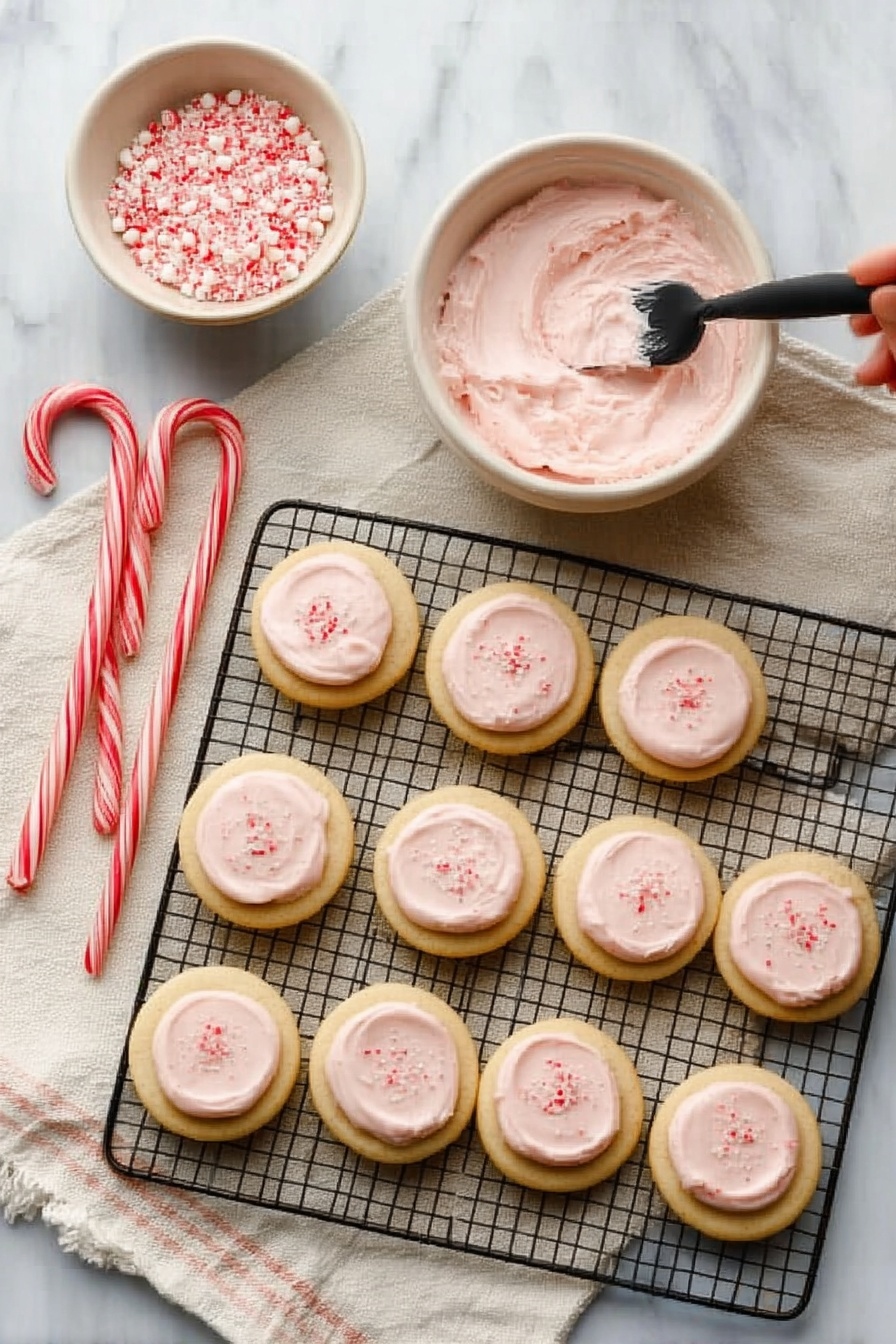 A white marbled surface holds a black cooling rack with two rows of round, light tan cookies. The top row shows seven cookies, each with a smooth layer of pale pink frosting that has a creamy texture and some small red sprinkles on top. Above the rack, a small white bowl holds more of the pink frosting with a black-handled spatula resting inside it. To the left of the rack, a woman's hand is spreading the pink frosting onto one of the cookies. Nearby, a small white bowl with pink crushed candy sits on a white cloth that has two red and white striped candy canes resting on it. Photo taken with an iphone --ar 2:3 --v 7