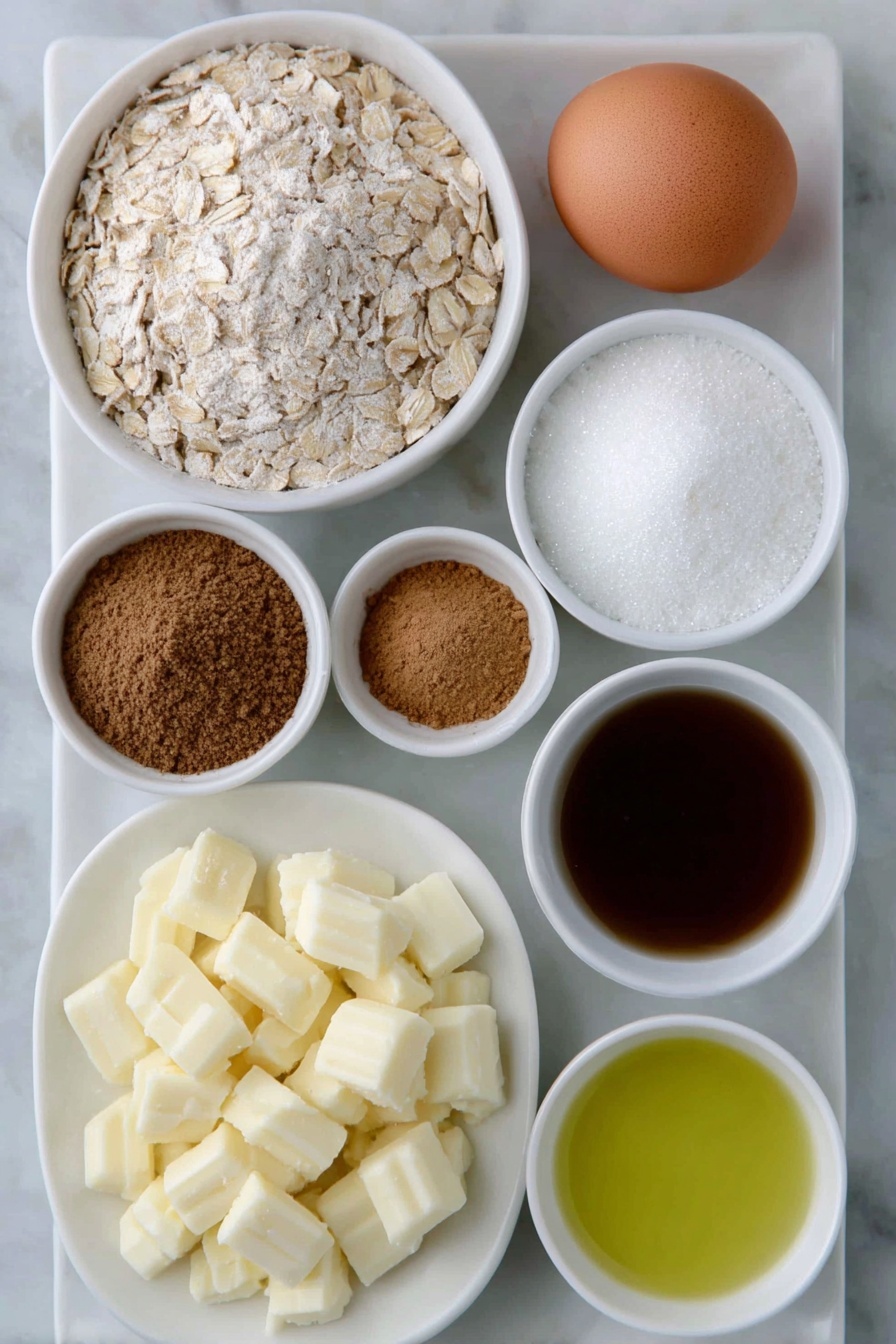 Flat lay of a small pile of old-fashioned whole rolled oats, a mound of all-purpose flour, a heap of light brown sugar, a smaller heap of granulated sugar, a small white ceramic bowl filled with ground ginger, another bowl containing ground cinnamon, a tiny bowl of ground nutmeg, a tiny bowl with ground cloves, two teaspoons of espresso powder in a small white bowl, a whole large brown egg with a clean shell, a portion of unsalted butter softened and cut into chunks, a small white bowl holding dark molasses, a handful of chopped white chocolate pieces on a white ceramic plate, and a small white bowl with a light vegetable oil—all ingredients arranged symmetrically and balanced on a clean white marble surface, soft natural light, photo taken with an iPhone, professional food photography style, fresh ingredients, white ceramic bowls, no bottles, no duplicates, no utensils, no packaging --ar 2:3 --v 7 --p m7354615311229779997