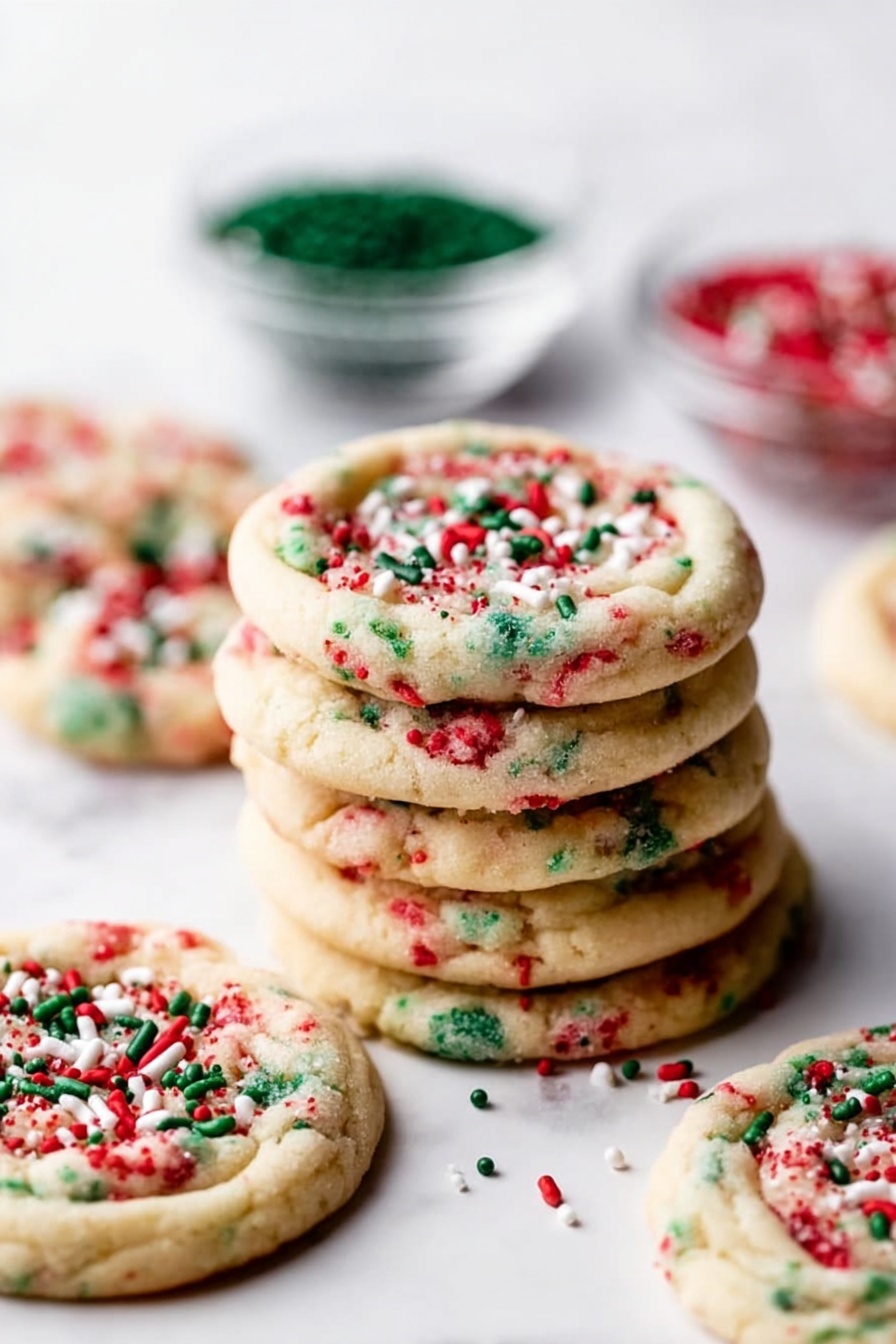 A stack of six round cookies sits in the center, each cookie dotted with small red, green, and white sprinkles inside the dough and more sprinkled on top. Around the stack are loose cookies showing the same colorful texture. In the background, two small clear bowls filled with red, green, and white sprinkles are slightly out of focus. All items are arranged on a white marbled surface, giving a clean and bright look. The lighting is soft, highlighting the texture and colors of the cookies. Photo taken with an iphone --ar 2:3 --v 7