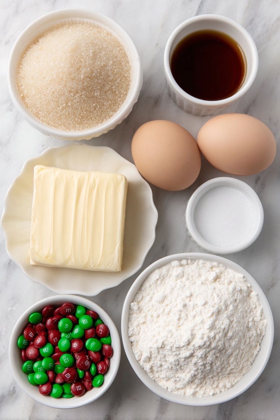 Flat lay of a small square of unsalted butter, a small white ceramic bowl filled with packed brown sugar, a whole clean large egg with a smooth shell, a small white ceramic bowl containing bright red and green round sprinkles, a small white ceramic bowl filled with colorful Christmas M&Ms, a small white ceramic bowl holding fine all-purpose flour, a small white ceramic bowl with fine white baking soda powder, a small white ceramic bowl of fine white salt, and a small white ceramic bowl with light amber vanilla extract placed on a clean white marble surface, soft natural light, photo taken with an iPhone, professional food photography style, fresh ingredients, white ceramic bowls, no bottles, no duplicates, no utensils, no packaging --ar 2:3 --v 7 --p m7354615311229779997