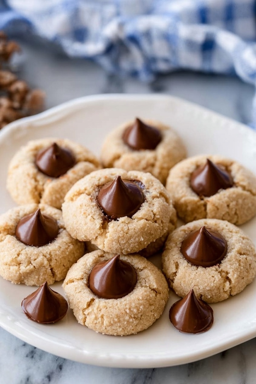 A white plate holds six round thumbprint cookies arranged neatly, each cookie having a light golden brown color with a soft, slightly cracked texture. Every cookie has a single, smooth, dark chocolate kiss placed firmly in the center, slightly melted and glossy. Around the cookies, there are three extra chocolate kisses scattered on the plate. The plate rests on a white marbled background with a soft focus of a blue and white checkered cloth in the back. photo taken with an iphone --ar 2:3 --v 7