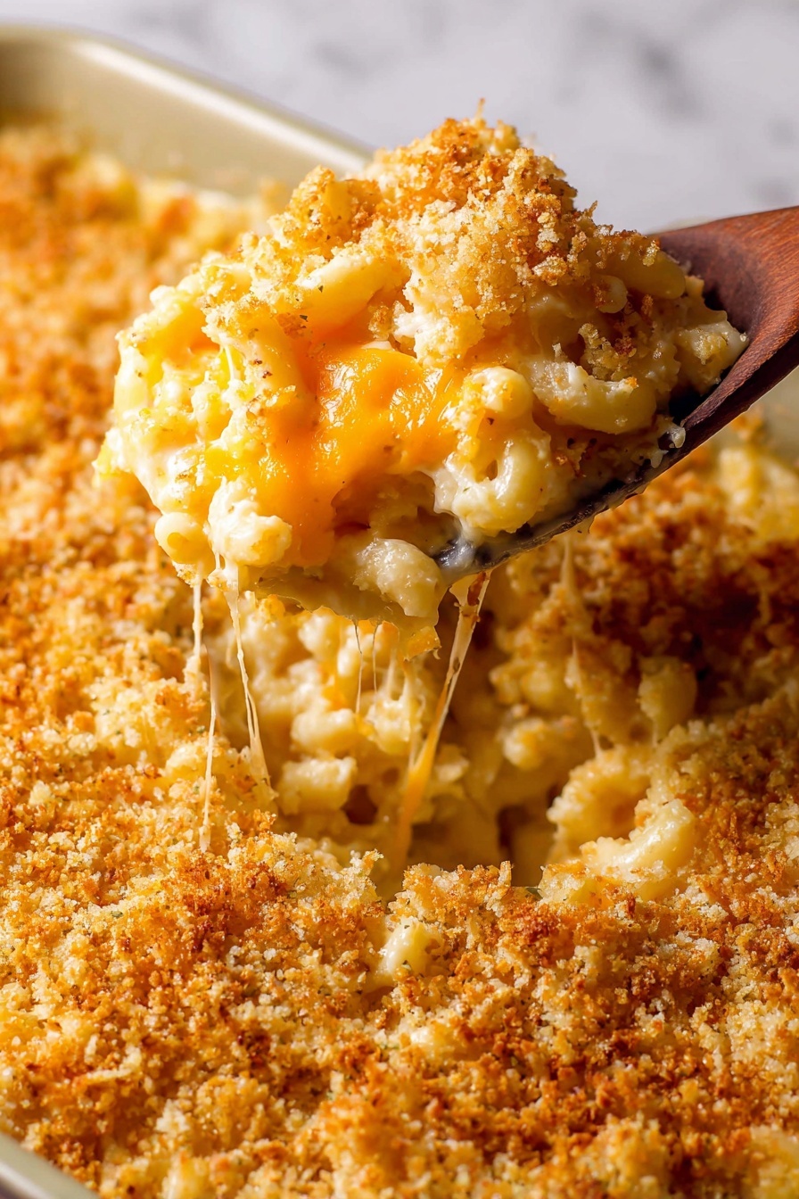 The dish is a close-up view of macaroni and cheese with a crispy breadcrumb topping. It shows one scoop lifted by a wooden spoon, revealing three layers: a top layer of golden brown, crunchy breadcrumbs; a middle layer of bright orange melted cheese; and a bottom layer of pale yellow macaroni mixed with creamy cheese sauce. The textures look soft and gooey under the crunchy topping, with strands of melted cheese stretching from the scoop back into the dish. The dish sits on a white marbled surface. photo taken with an iphone --ar 2:3 --v 7