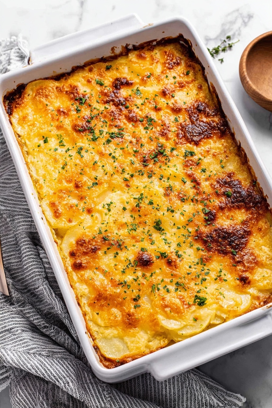 This image shows a close-up of a white baking dish filled with creamy potato gratin. The dish has layers of thin, yellow potato slices coated in a rich, white creamy sauce with visible specks of black pepper and fresh green parsley sprinkled on top and inside. The top layer is golden brown and slightly crispy with melted cheese that has browned in some areas, creating a textured, bubbly surface. A wooden spoon is scooping a portion from the corner, revealing the soft, smooth potato layers beneath the crust. The background is a white marbled surface. Photo taken with an iphone --ar 2:3 --v 7