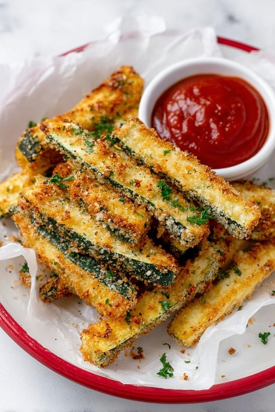 The image shows crispy zucchini sticks piled on a white plate, each stick coated with a golden-brown, crunchy breadcrumb layer that has some darker toasted spots. The zucchini inside is bright green and visible along the sides of each stick. Small green herb pieces are sprinkled on top, adding a fresh touch. On the right side of the plate, there is a small round metal container filled with thick red dipping sauce. The plate sits on a white marbled surface, enhancing the colors of the food. The photo taken with an iphone --ar 2:3 --v 7
