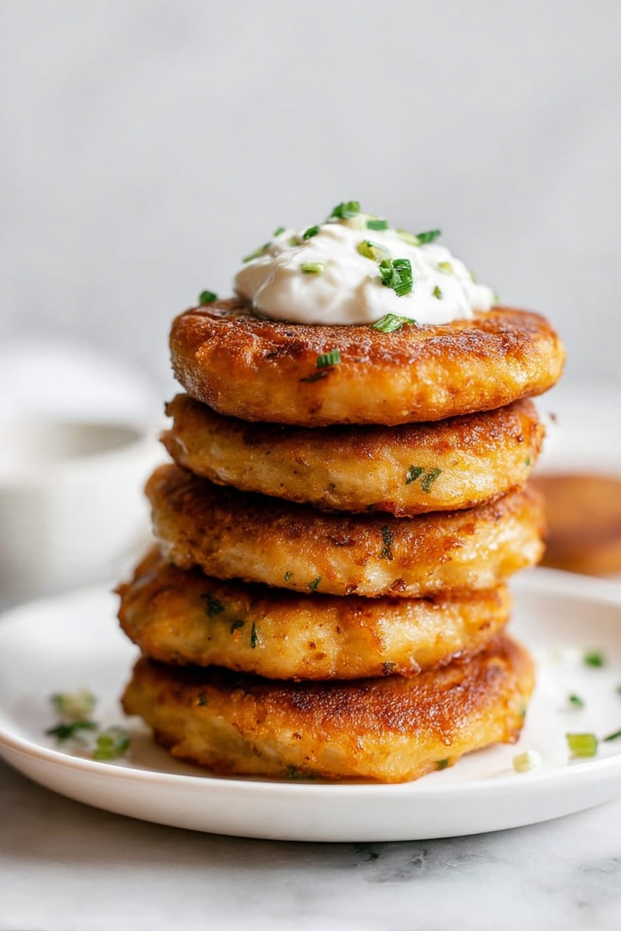 A stack of five golden brown fried patties is placed in the center of a white plate on a white marbled surface. Each patty is round and slightly crispy on the edges, with a textured surface showing hints of herbs and spices. On the top patty, there is a dollop of white sour cream garnished with small pieces of green herbs. The stack is tall and slightly leaning, capturing the warm and crispy texture of the patties. Photo taken with an iphone --ar 2:3 --v 7