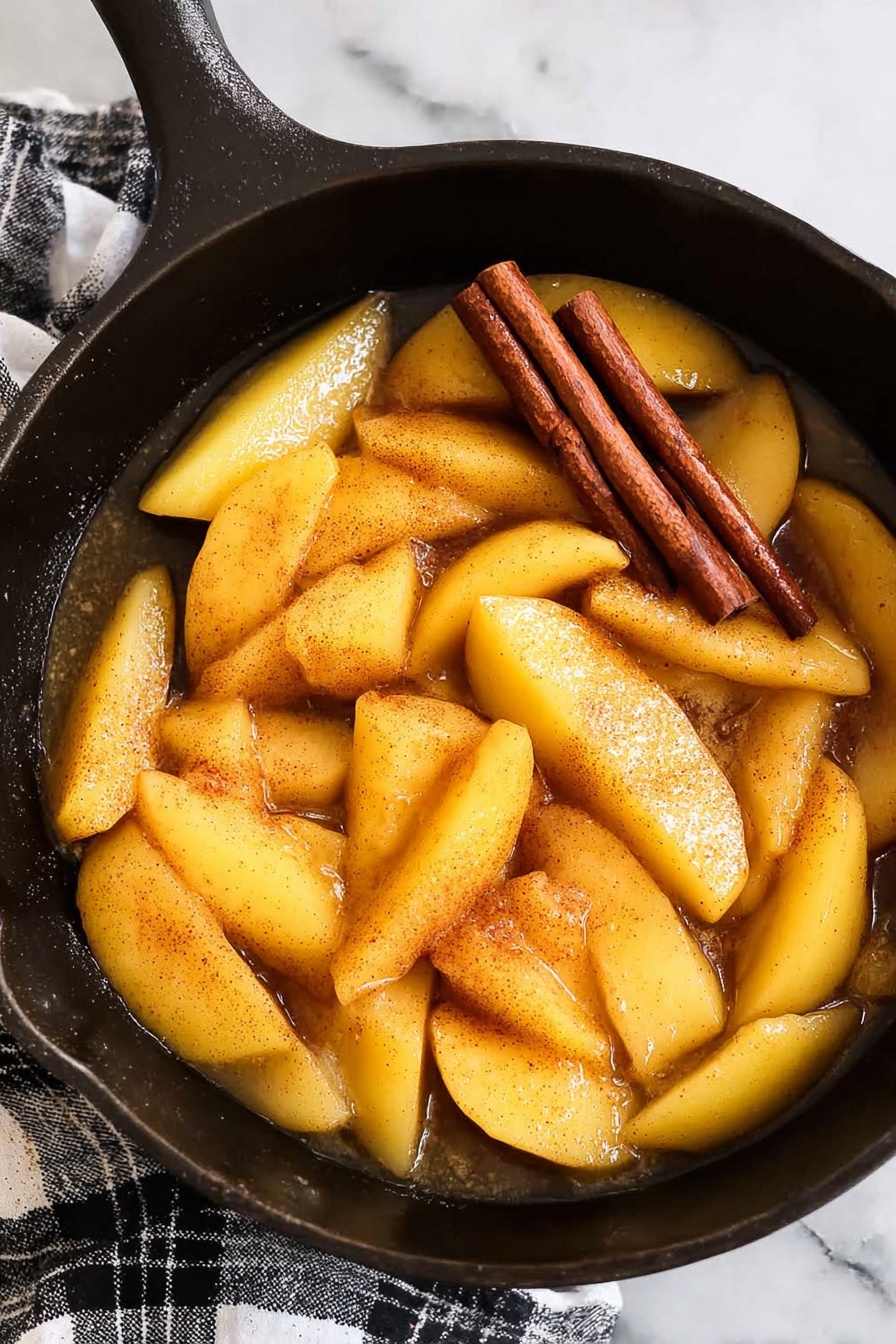 The image shows a black cast iron pan filled with cooked apple slices that are soft and golden yellow in color with a light brown cinnamon dusting on top. There are three cinnamon sticks placed on the right side of the pan. The apple slices have different shapes and sizes, some curved and some more angular, all coated in a shiny sauce that pools slightly at the bottom. The pan rests on a white marbled surface with a black and white checkered cloth partly visible underneath. photo taken with an iphone --ar 2:3 --v 7