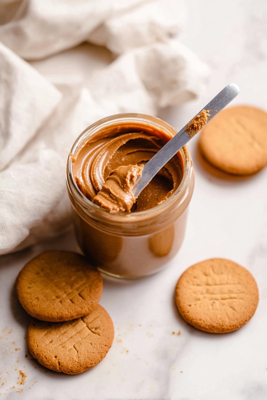The image shows a clear glass jar filled with thick, creamy peanut butter of a rich brown color, with a smooth texture but some slight ridges visible where a silver knife dusted with peanut butter rests inside the jar. Surrounding the jar on a white marbled surface are several round, golden-brown cookies with a crisp texture and visible cracks on their surface. In the background, there is a soft white cloth casually placed, adding a cozy feel to the scene. The photo taken with an iphone --ar 2:3 --v 7