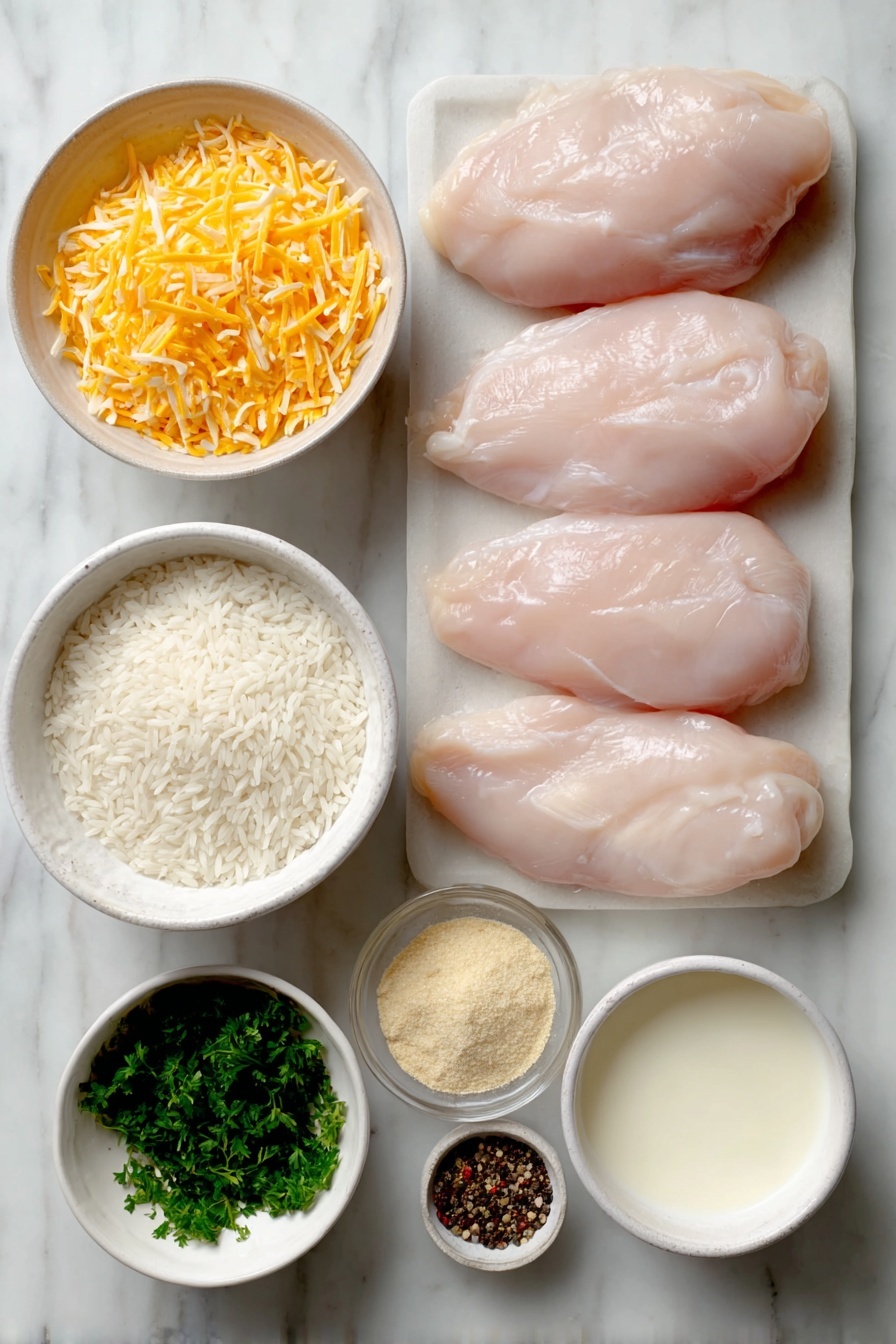 Flat lay of uncooked long grain white rice in a small white ceramic bowl, shredded bright orange cheddar cheese in a wider white ceramic bowl, three whole raw chicken breasts with smooth pale skin arranged neatly, two small white ceramic bowls each filled with creamy pale condensed cream of chicken soup, a small white ceramic bowl of golden chicken broth, a small white ceramic bowl of fresh white milk, a small white ceramic bowl holding fine golden onion soup mix powder, a few sprigs of fresh green minced parsley on a white ceramic plate, white ceramic bowls containing fine white salt and coarse black peppercorns, all arranged in perfect symmetry and balanced proportions, placed on a clean white marble surface, soft natural light, photo taken with an iPhone, professional food photography style, fresh ingredients, white ceramic bowls, no bottles, no duplicates, no utensils, no packaging --ar 2:3 --v 7 --p m7354615311229779997