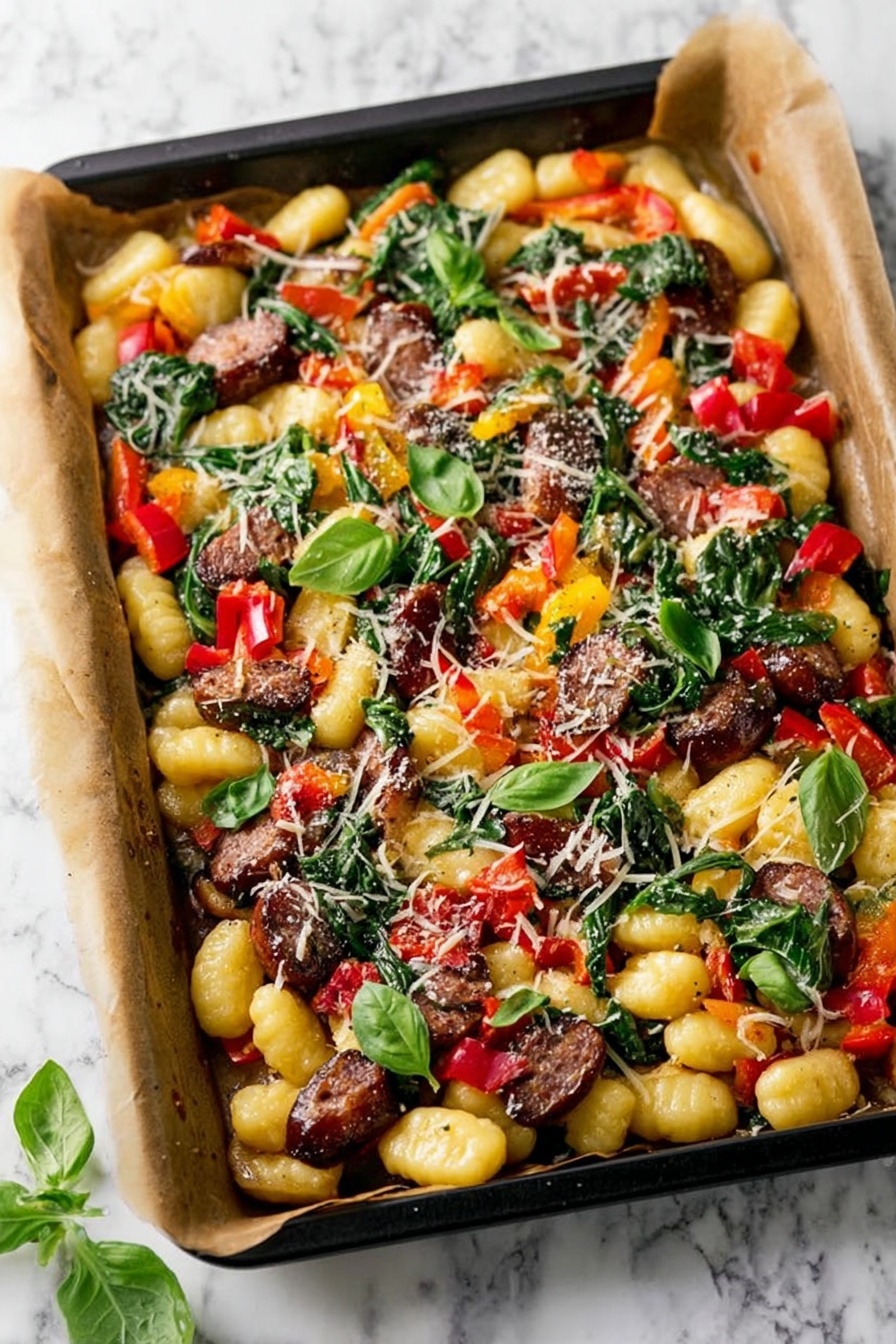 The dish is a colorful baked gnocchi meal presented in a black rectangular tray lined with brown parchment paper, placed on a white marbled surface. The base layer consists of creamy yellow gnocchi scattered evenly across the tray, mixed with chopped red and yellow bell peppers adding bright pops of color. There are dark brown sausage pieces spread throughout, with their glossy texture contrasting against the lighter gnocchi. Fresh green spinach leaves are interspersed among the ingredients, topped with grated white cheese sprinkled all over. Small fresh basil leaves are scattered on top, adding a touch of vibrant green and freshness. Photo taken with an iphone --ar 2:3 --v 7
