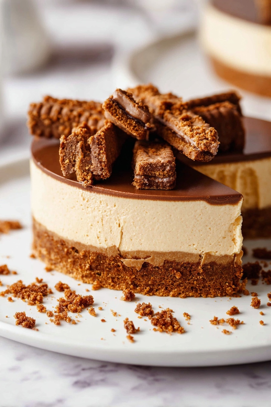 The image shows a round, layered dessert on a white plate set on a white marbled surface. The bottom layer is a crumbly, dark brown crust. Above it, there is a thick creamy layer with a light brown shade. In the middle of this creamy layer, a thin, darker brown crumbly layer runs horizontally. On top of the dessert, there's a smooth chocolate layer. Several pieces of broken biscuit or cookie, dark brown and textured, are placed on and around the dessert's top edge. Some crumbs are scattered on the plate around the dessert. Photo taken with an iphone --ar 2:3 --v 7